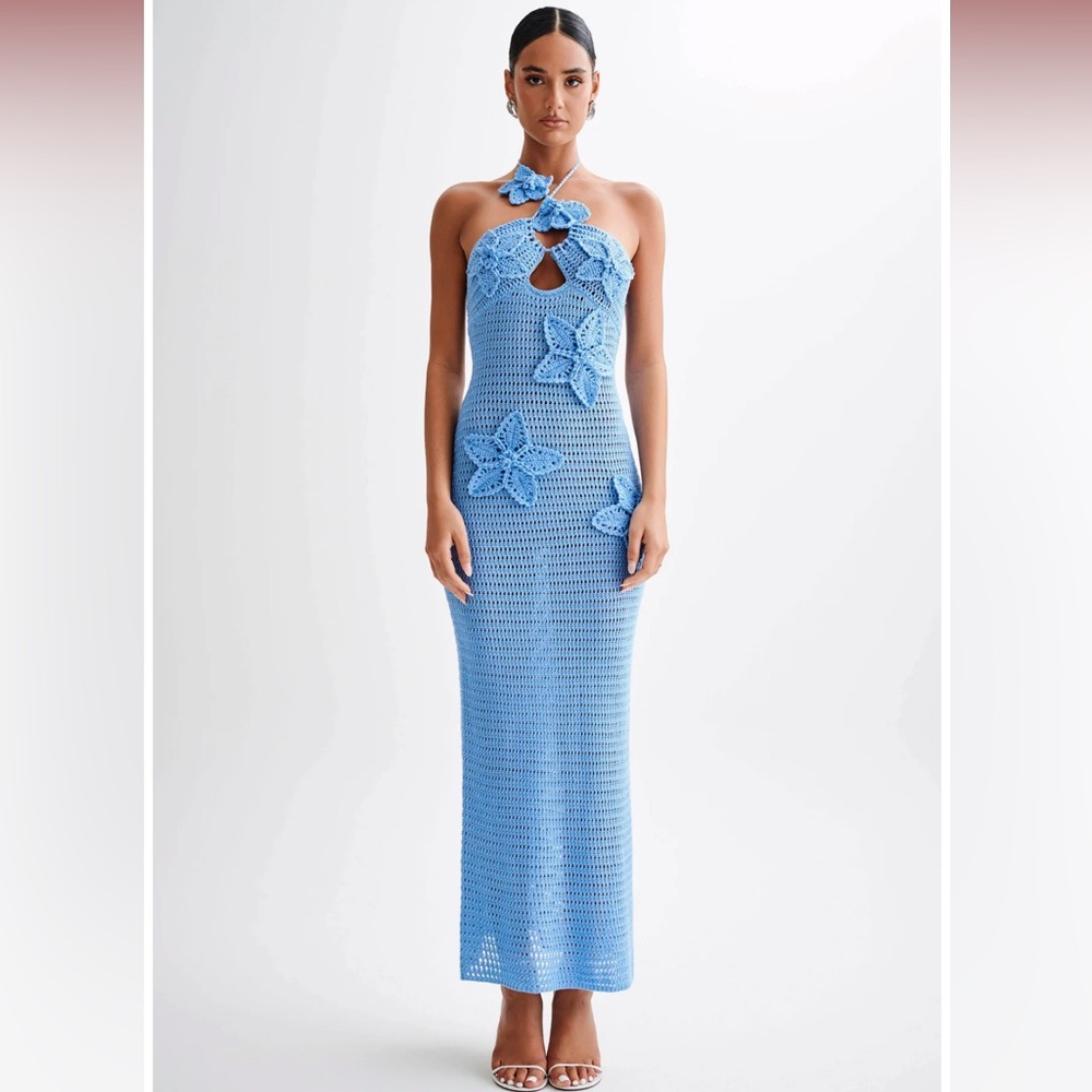 NWT Meshki Blue Crochet Maxi Dress, XS